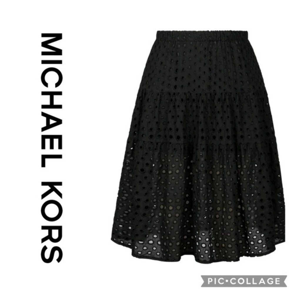 MICHAEL Michael Kors Eyelet Drop Waist Tiered Knee Length Skirt Black Sz 4